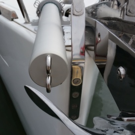 Fwd end of bow sprit showing 2 stainless eyes, upper for tack of sail, lower for bobstay
